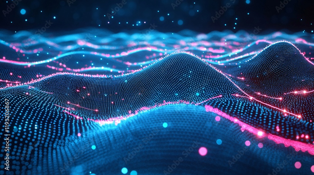 Aufkleber abstract digital waveform glowing blue and pink particle field background