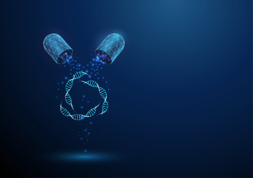 Opened blue medical drug capsule with falling particles on blue DNA. Healthcare medical pharmacy, DNA damage, medical therapy concept.