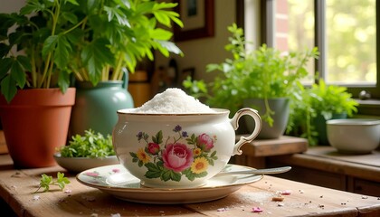Vintage Teacup with Floral Pattern Among Indoor Plants