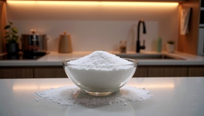 White Sugar in Glass Bowl on Kitchen Counter