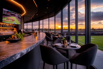 A premium box at a sports stadium reserved for VIP guests, with plush seating, large screens, and an unobstructed view of the game