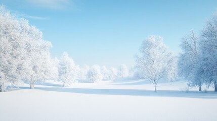 Snow-covered landscape with frosty trees under a clear blue sky