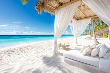 A private resort beach cabana reserved for VIP guests, with luxurious seating, tropical drinks, and a panoramic ocean view