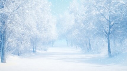 Obraz premium Snow-covered trees line a serene wintry path under a hazy, light blue sky