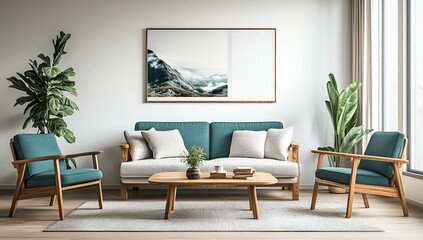 Fototapeta premium Modern Living Room Interior Design Teal Sofa Wooden Armchairs and Mountain Landscape Art