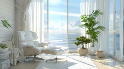 Serene Coastal Living Room White Chair Ocean View Plants