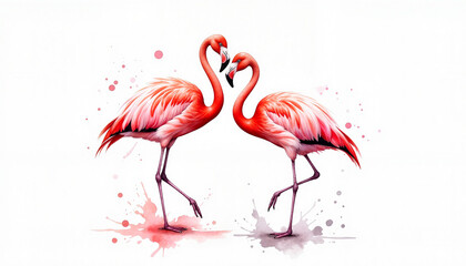 Obraz premium Flamingos dancing in love on white background, artistic expression