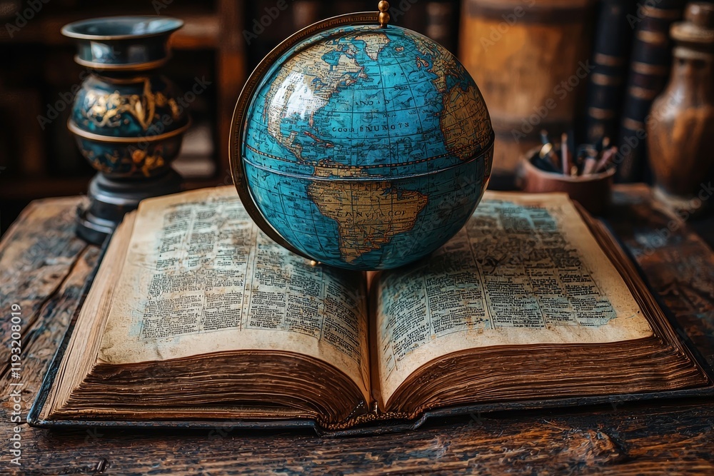 Poster exploring knowledge and geography through a vivid globe placed on a classic book, with a world map i