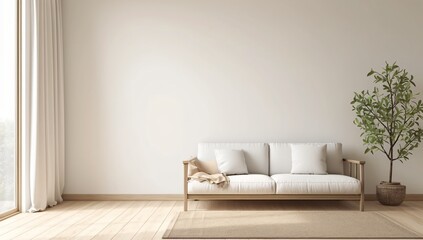 Minimalist Living Room Interior Design White Sofa Wooden Frame Plant and Neutral Decor