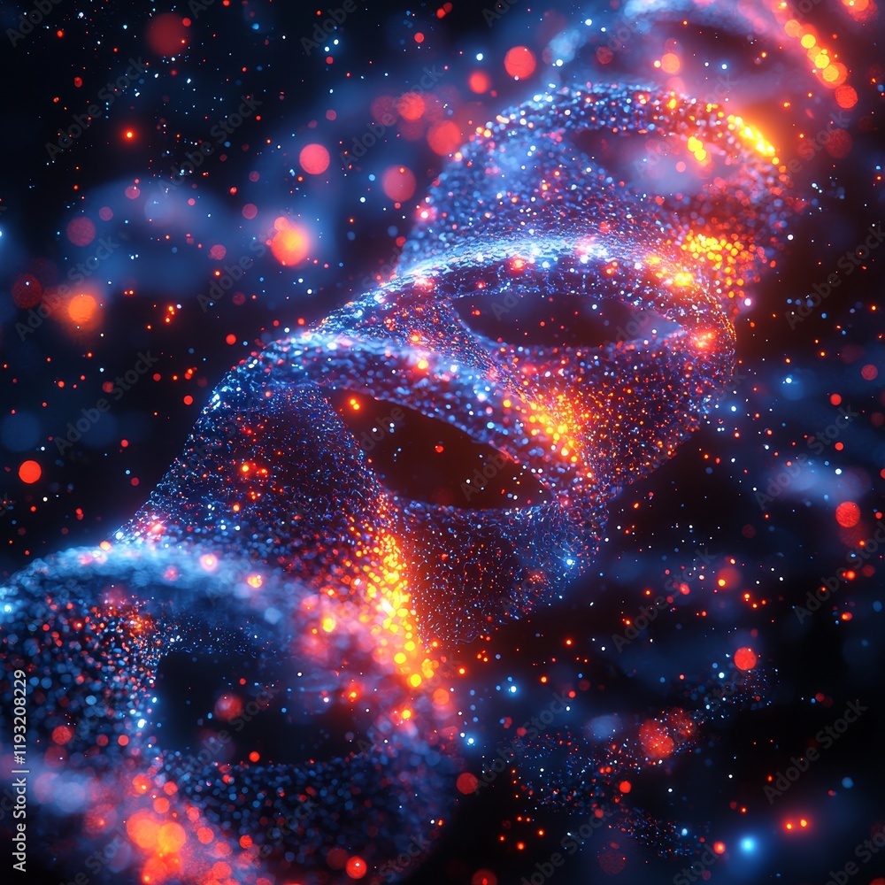 Poster A vibrant visualization of a protein folding simulation, featuring colorful strands and dynamic particles