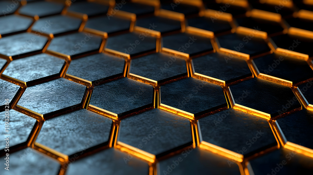 Aufkleber dark metallic hexagon pattern with glowing gold edges. abstract geometric texture background ideal f