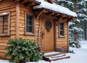 A spruce branch wrapped around the base of a small wooden house with a snow-covered roof and a few pinecones scattered around the door , festive decor, snow-covered roof, holiday theme
