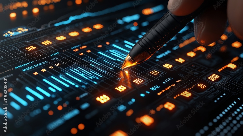 Poster dynamic financial chart featuring fluctuating graphs and glowing elements set against a blue backgro