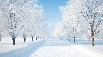 A snowy landscape with a pathway lined by frost-covered trees under a clear sky