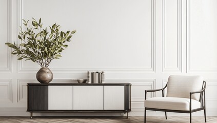 Elegant Modern Living Room Interior Design with White Walls Sideboard and Armchair