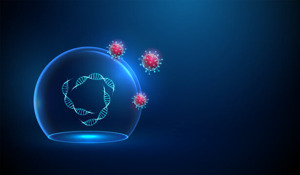Abstract DNA double helix structures inside a glass dome attacked by red viruses. Medicine protection, dna diseaes and treatment concept. Low poly style
