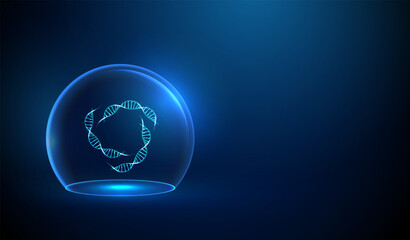 Abstract DNA double helix structures inside a glass dome. Protection, preservation of genetic information concept. Low poly style