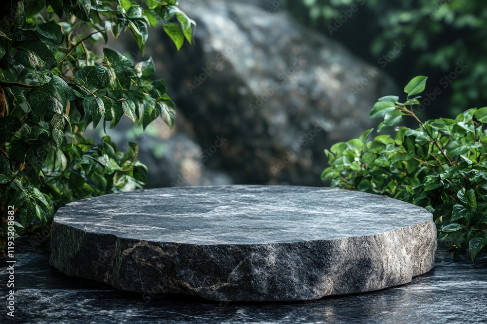 Poster flat small stone podium on rock platform surrounded by lush greenery in a 3d nature setting with sof