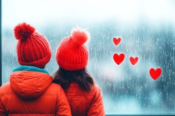 A romantic couple sketching love hearts on a foggy windowpane, with their reflections faintly visible