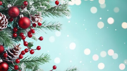 Christmas-themed background with pine branches, red ornaments, pinecones, and falling snow effect