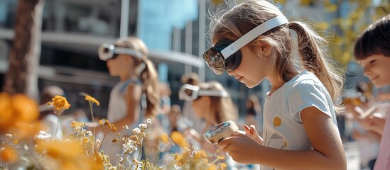 Obraz premium Children Engaging with Augmented Reality Outdoors