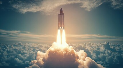 Aesthetic Minimalist Photograph of a Rocket Launching into the Sky Surrounded by Clouds with Dramatic Lighting and Dynamic Atmosphere