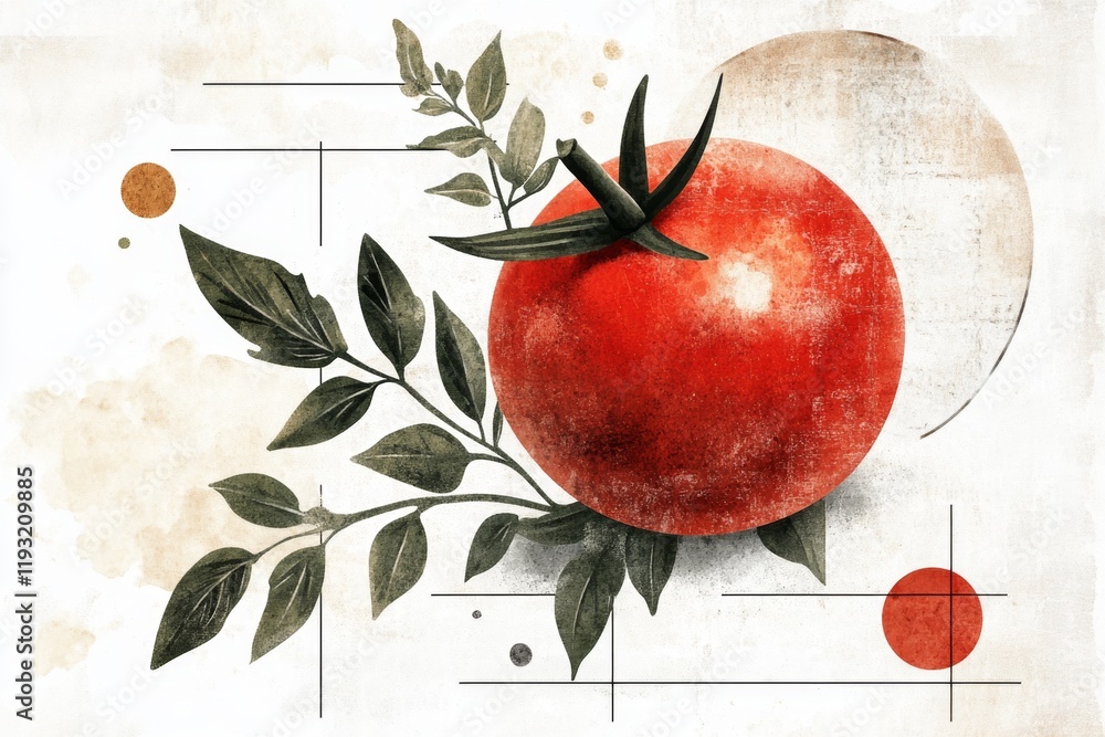 Leinwandbilder a simple design of a tomato with its vine, drawn in clean lines and soft red and green hues on a min