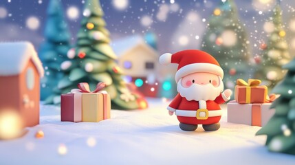 An illustration of a small Santa Claus figurine with gifts and a gingerbread house in a snowy scene