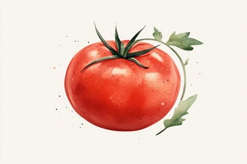 A simple design of a tomato with its vine, drawn in clean lines and soft red and green hues on a minimalist white canvas