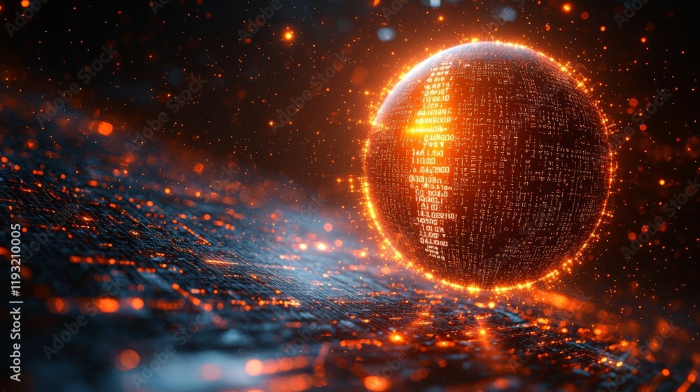 Poster a dark environment is illuminated by a glowing, abstract sphere with shimmering particles, creating 