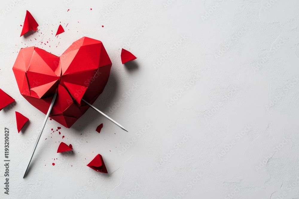 Poster a simple graphic of a heart pierced by an arrow, with clean lines and vibrant red tones on a white b