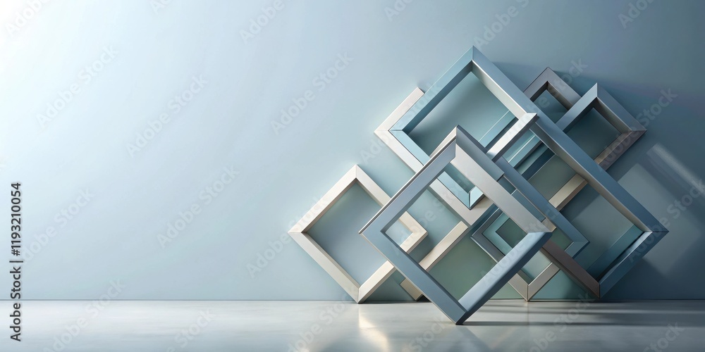 Poster abstract geometric composition of interlocking square frames against a light blue wall