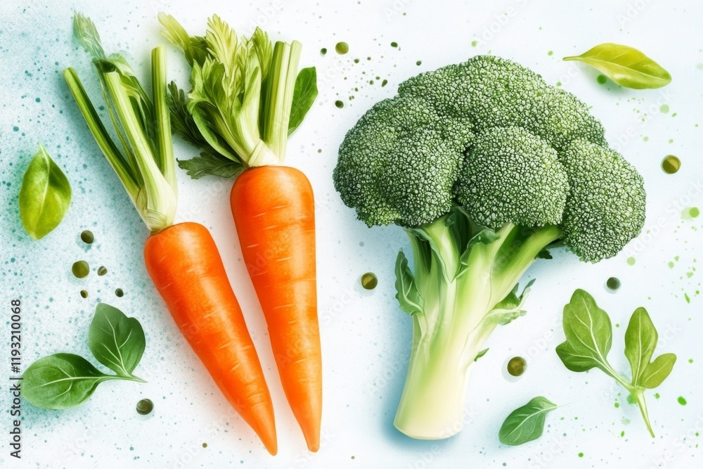 Aufkleber A simple line art illustration of a carrot and a broccoli head, drawn in clean lines with soft pastel orange and green tones on a white background