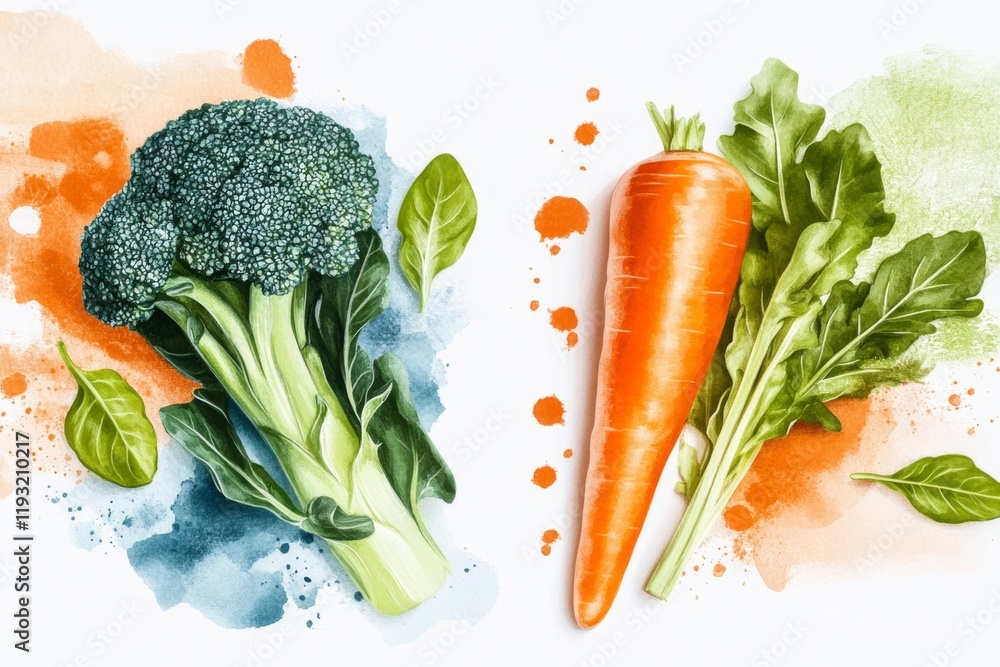 Poster A simple line art illustration of a carrot and a broccoli head, drawn in clean lines with soft pastel orange and green tones on a white background