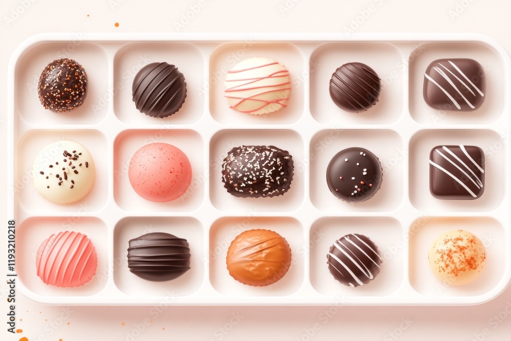 Poster A simple stylized representation of a box of chocolates, using clean lines and subtle gradients to highlight the details