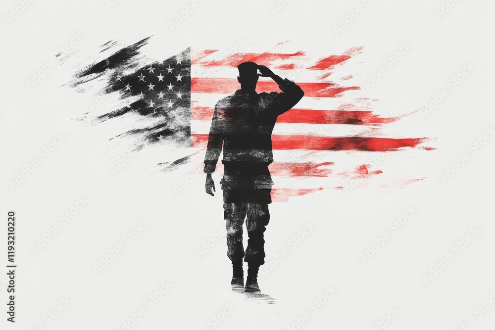 Poster a simple line art illustration of a veteran saluting, with a clean silhouette of a flag in the backg