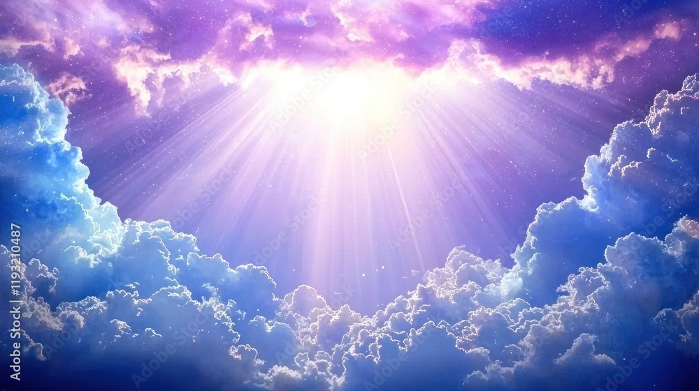 Poster a peaceful sky with backlit clouds creating rays of light streaming downward.