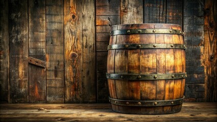 Aged bourbon barrel with rustic wooden staves and a weathered metal band, rustic, bourbon barrel, worn, wooden staves
