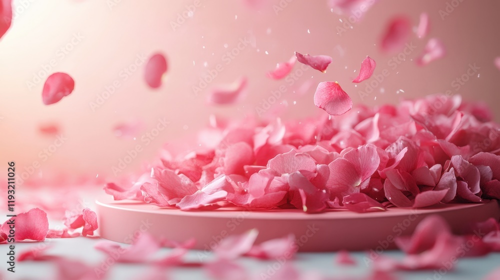 Poster pink petals falling on solid background with podium placement creating a beautiful and elegant aesth