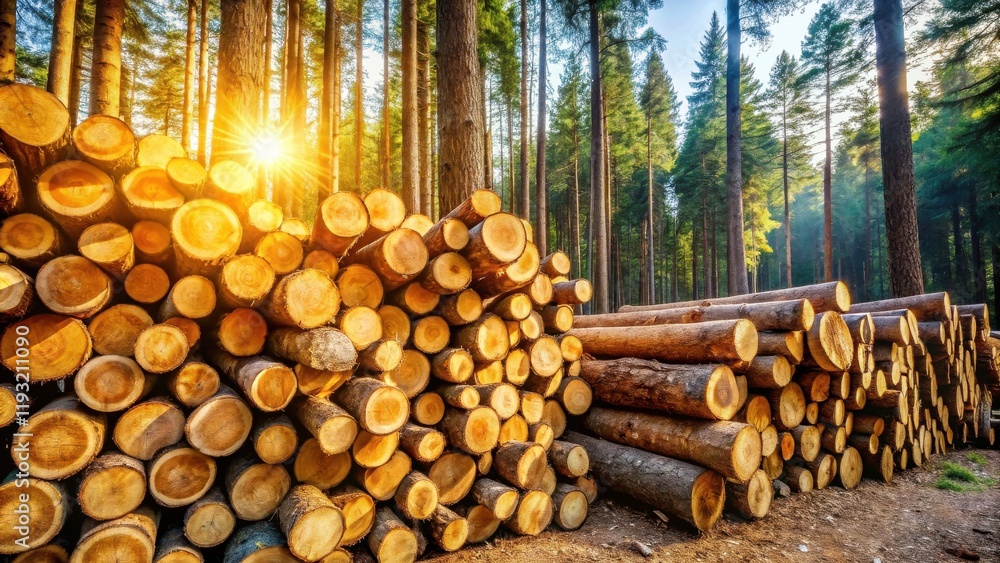 Poster sunlit forest lumber stack a collection of harvested logs in a pine forest at sunset