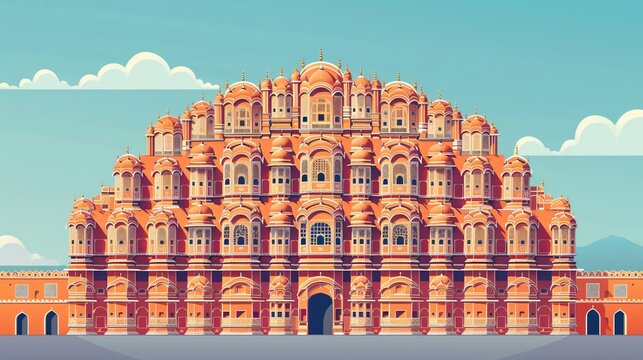 Colorful Cartoon Vector Illustration of Hawa Mahal Palace in Jaipur Rajasthan India