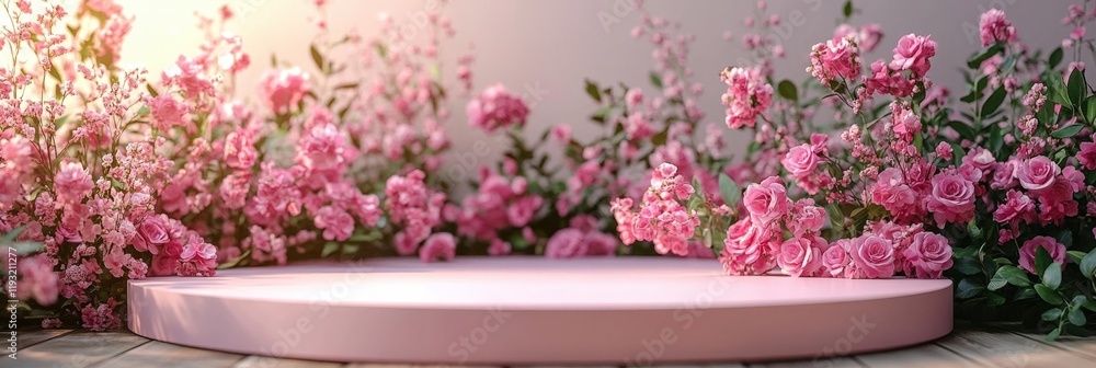 Poster elegant pink podium surrounded by beautiful roses in a spring setting perfect for product display an