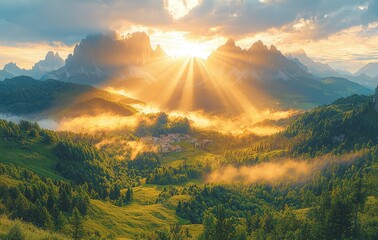 Sunrise in Valmalenco, Valtellina, Lombardy, Italy, finds the sun piercing clouds and bathing a pasture in light