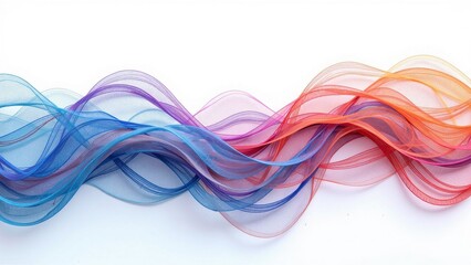 Colorful organza fabrics wave in blue, purple, pink, orange, and red hues, cascading over a pristine white surface, creating an eye-catching tapestry of curves and motion