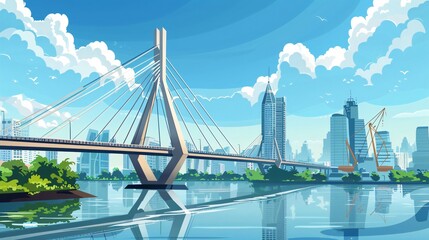 Fototapeta premium Colorful Cartoon Illustration of Mega Sling BridgeRama 8 in Bangkok Thailand