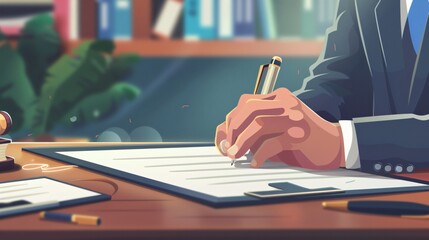 Professional Notary Signing Document at Wooden Table Closeup Cartoon Image