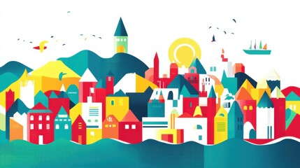Vibrant Colorful Illustration of a Coastal Town with Unique Architecture, Rolling Hills, and Serene Waters in a Whimsical Artistic Style
