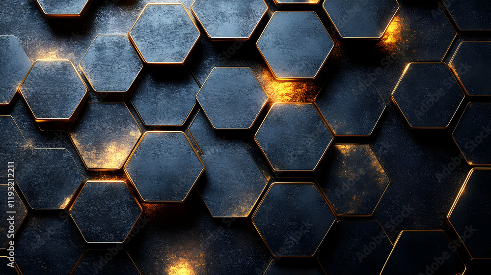 Aufkleber dark metallic hexagon pattern with golden sparks abstract background