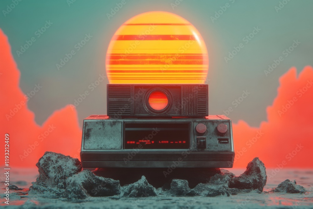 Poster a stylized icon of a vhs player ejecting a tape, with clean lines and a subtle retro color palette
