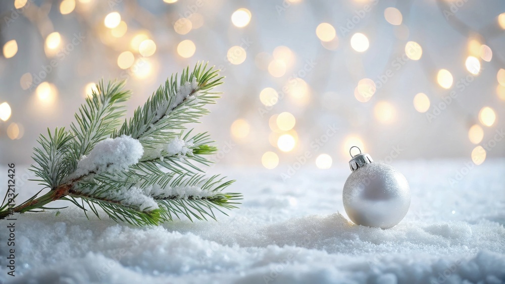 Poster winter wonderland scene with snow-covered evergreen branch and a silver ornament against a bokeh bac